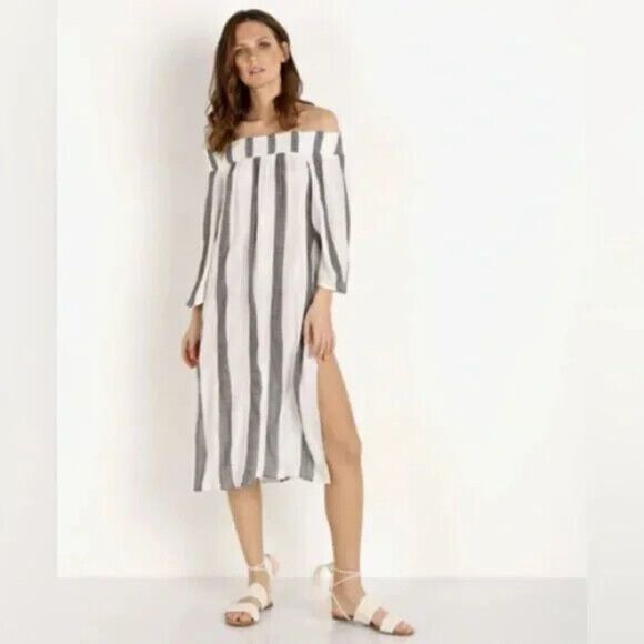 L*Space Izzy Striped Smocked Coverup Womens Size M Off The Shoulders Side Slits - Picture 2 of 10
